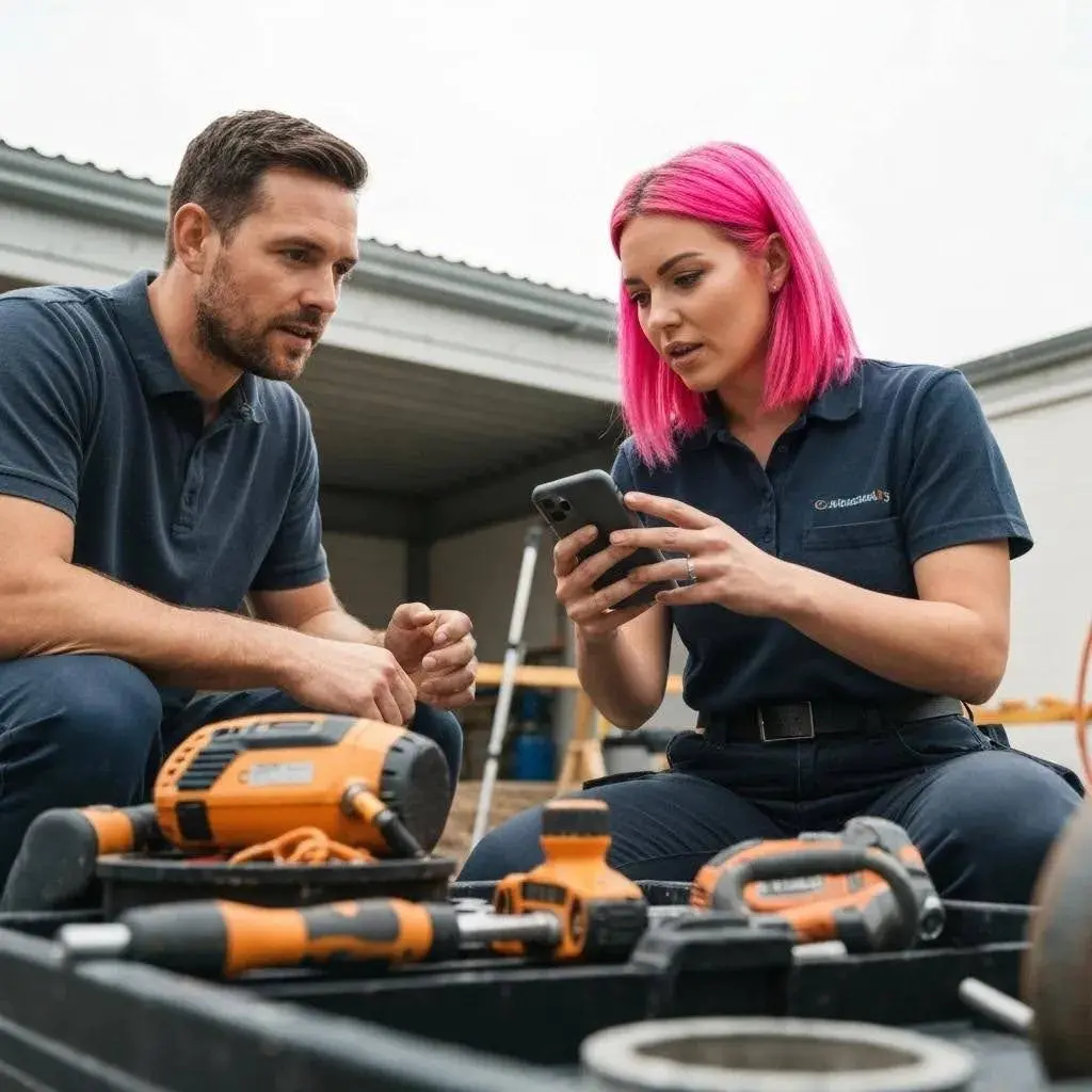 Two technicians discussing job details on a smartphone, surrounded by various power tools, emphasizing mobile communication in field service management for trade businesses.
