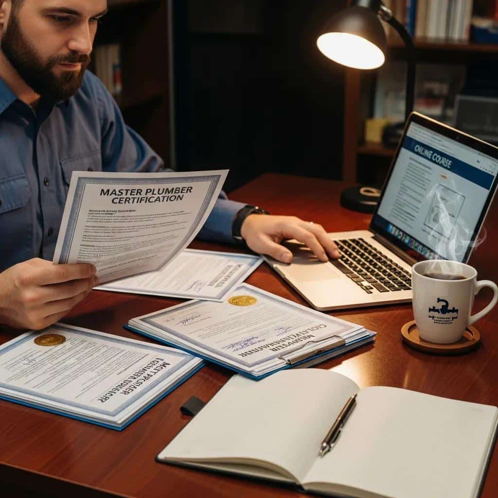 plumber-reviewing-certification-documents-on-a-desk-with-a-laptop